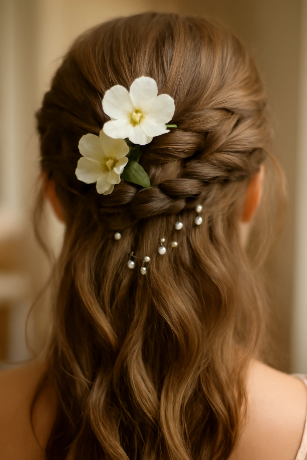 8 Half-Up Braided Styles That Were Made for Weddings 13 Half-up braid with fresh flowers and pearl pins for bridal sparkle
