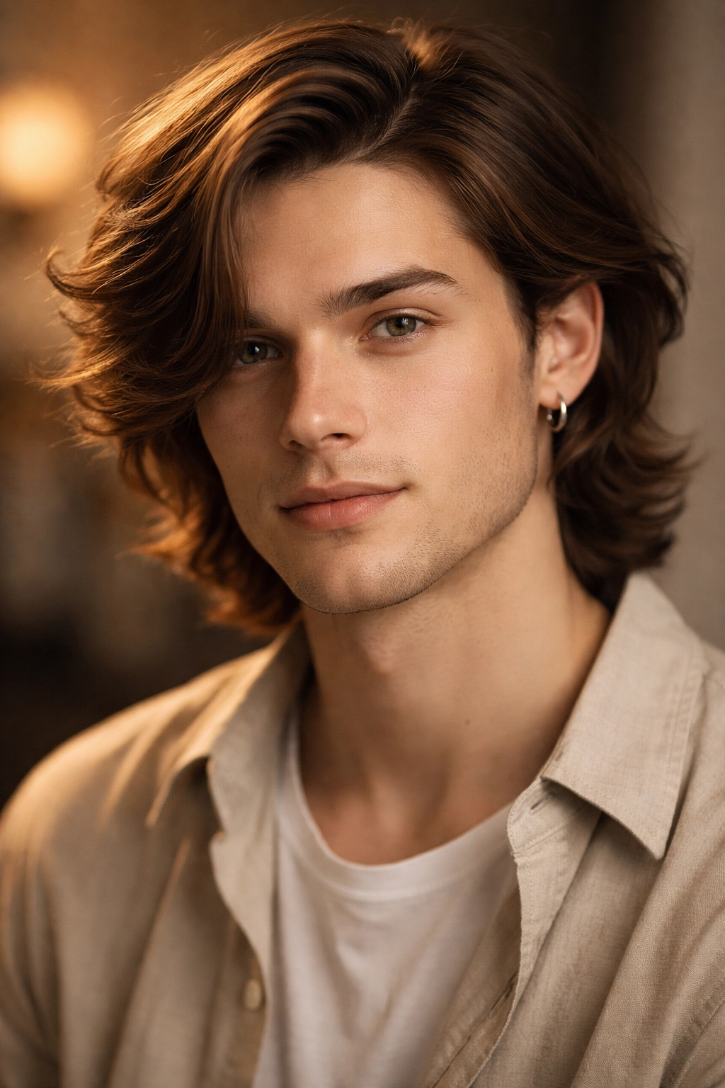Flowing side part hairstyle with natural texture and face framing in portrait