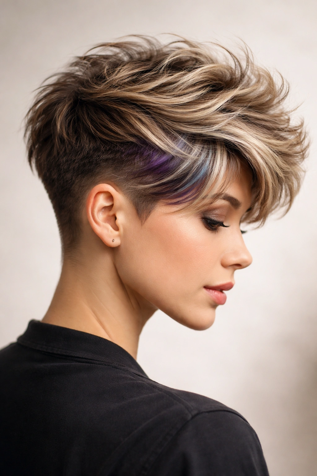 Fluffy undercut with peek-a-boo highlights visible beneath the top layer.
