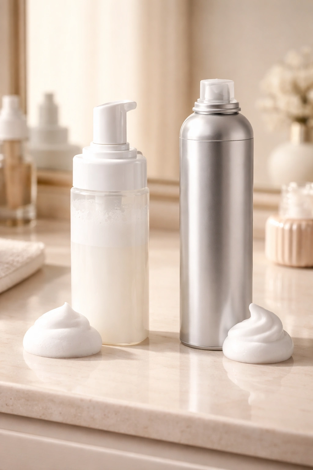 Foam and mousse bottles side by side suggesting a choice between products.