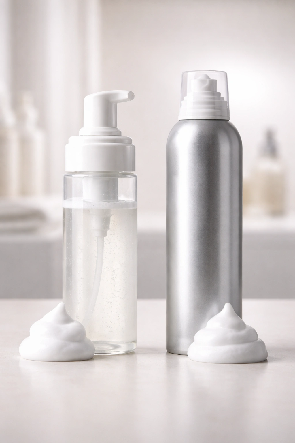 Foam pump bottle and mousse can side by side representing cost, usage, and accessibility.