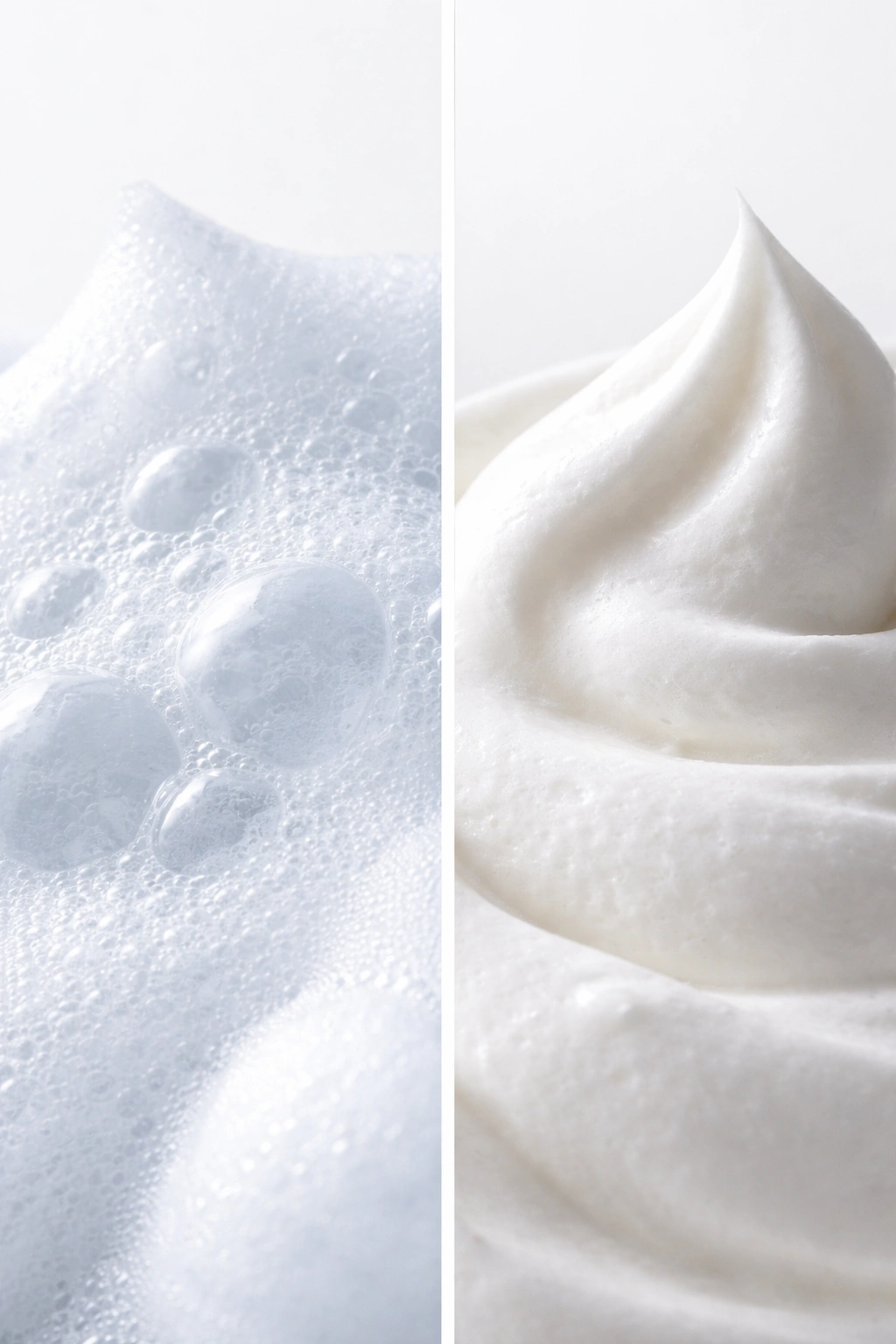 Split-screen close-up of airy foam versus dense mousse texture, highlighting contrast in texture