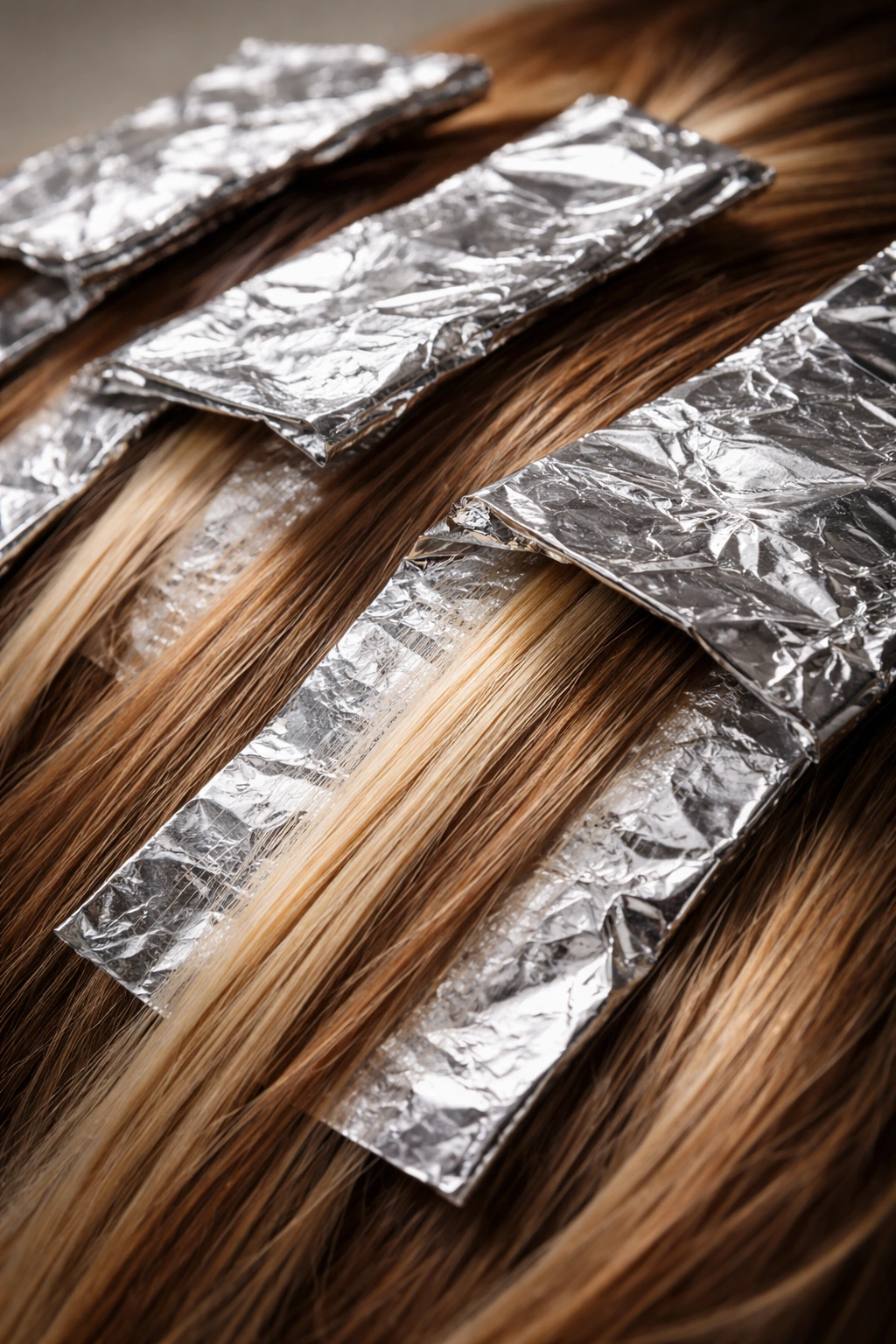 Macro close-up of foil-wrapped hair segments for highlighting technique.