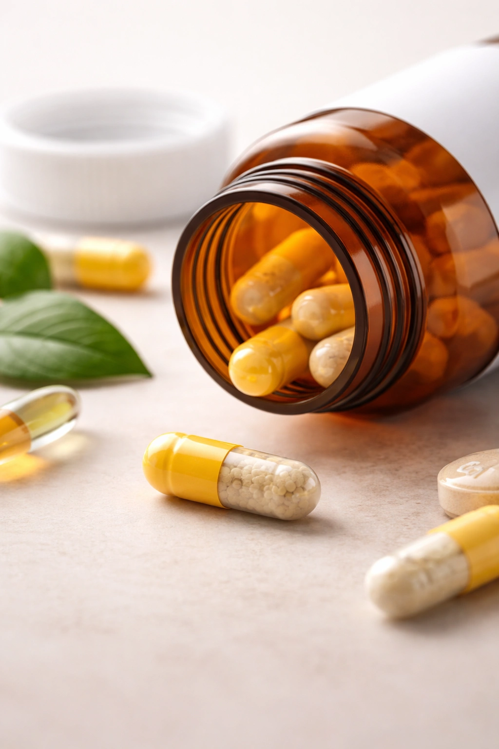 Pill bottle with blank label and capsule on neutral surface