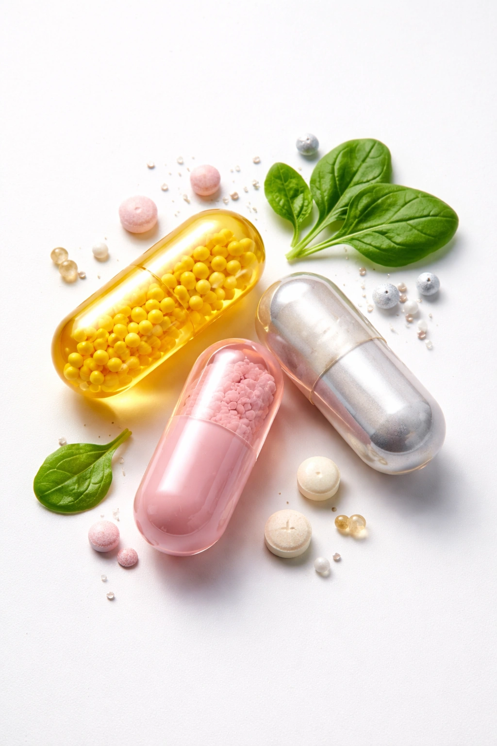 Capsules representing folic acid combined with biotin and zinc for hair health