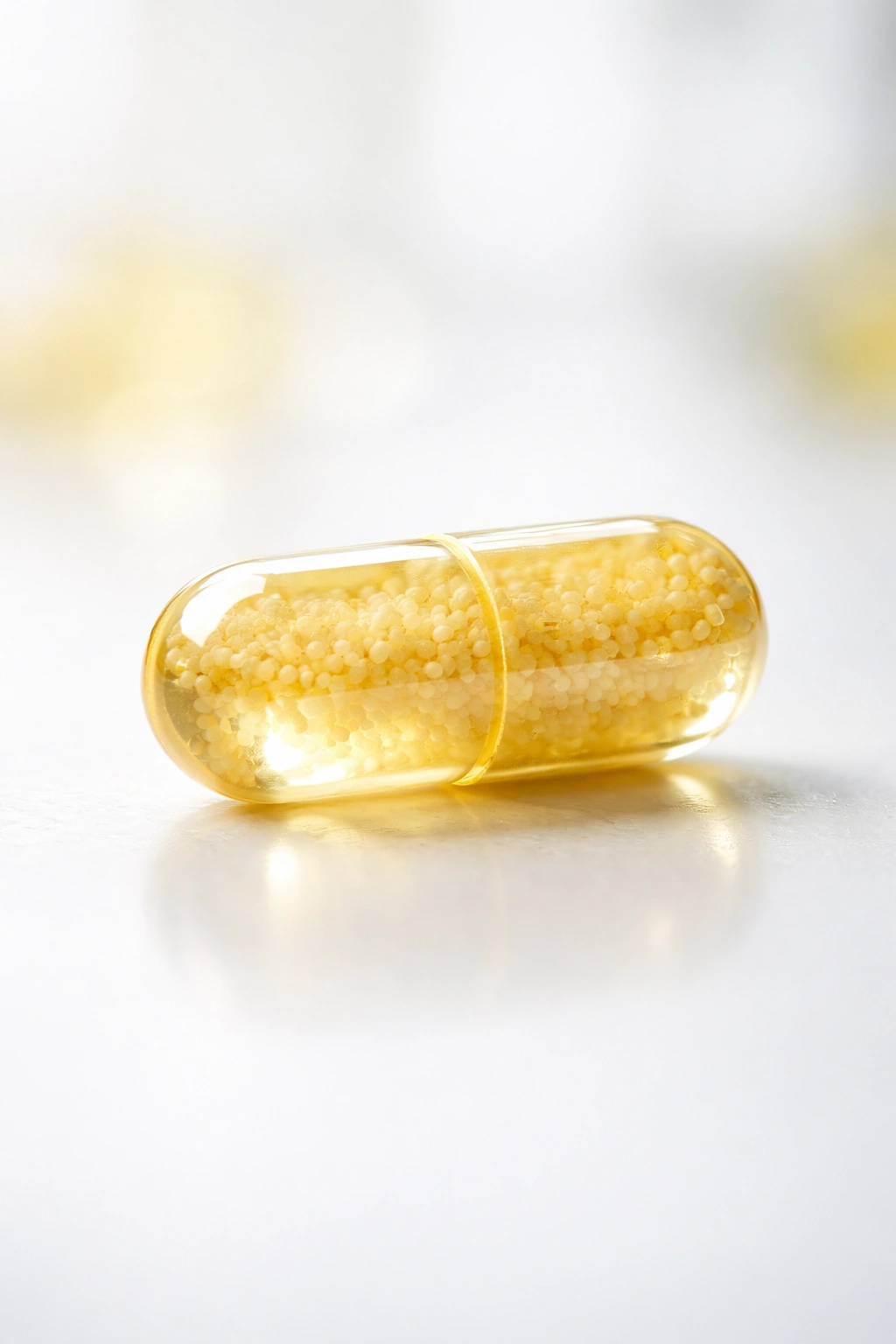 Close-up of a single folic acid capsule on a plain surface