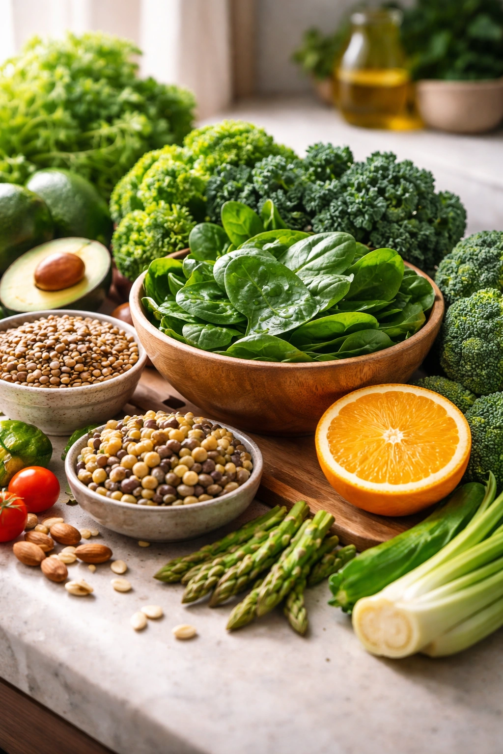 Close-up of folic acid rich foods like spinach, kale, lentils, and citrus on a clean surface