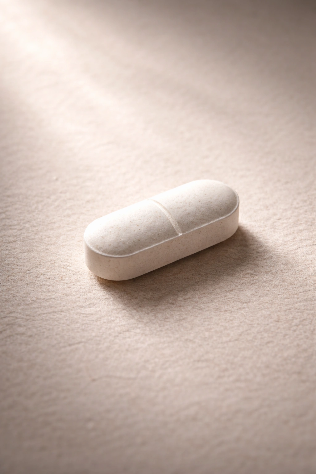 Single folic acid tablet on neutral textured background