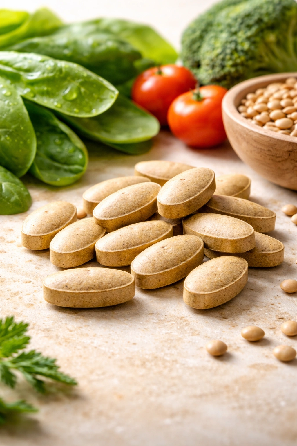 Folic acid tablets on plain background