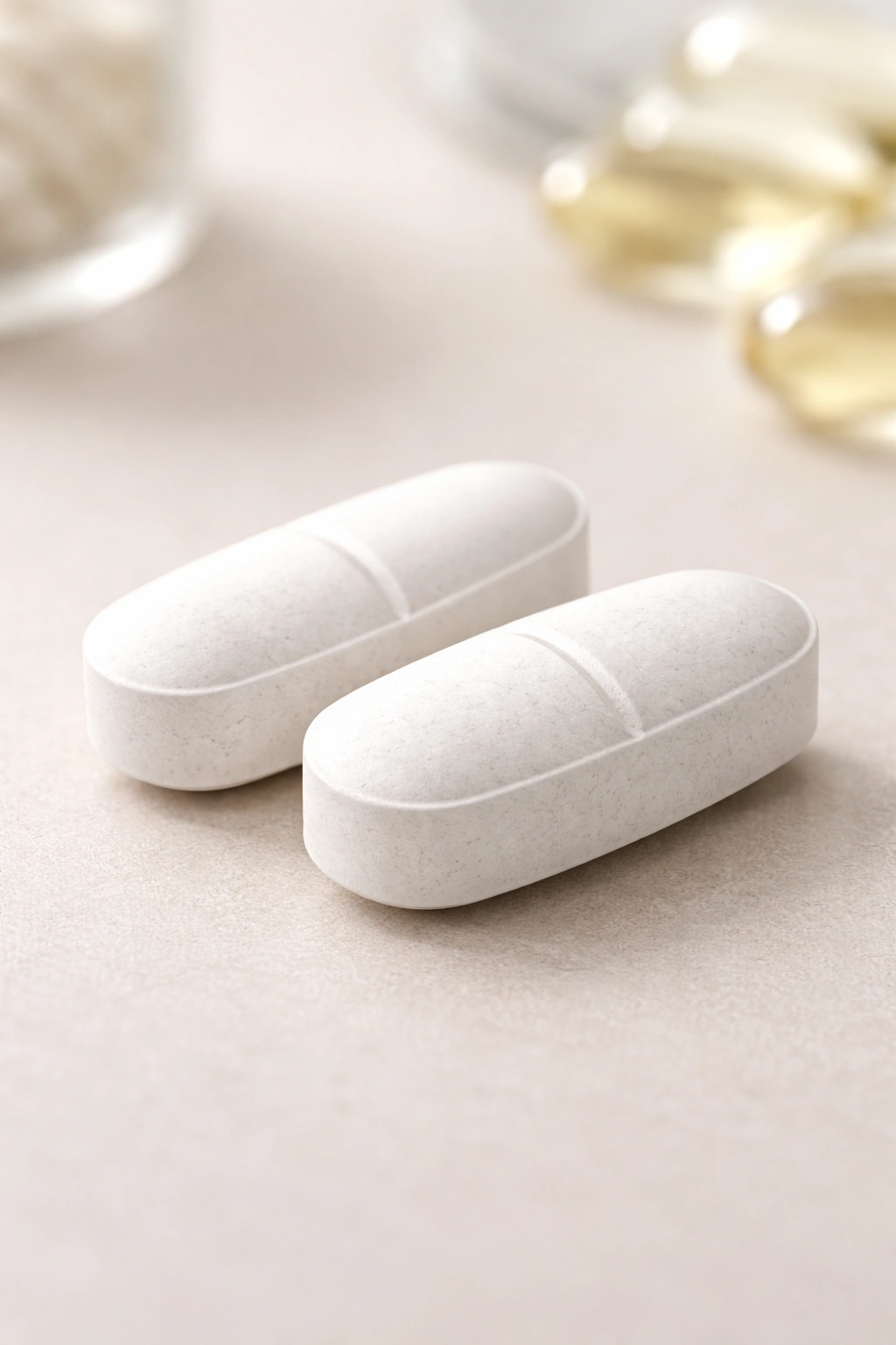 Two folic acid tablets on a plain background