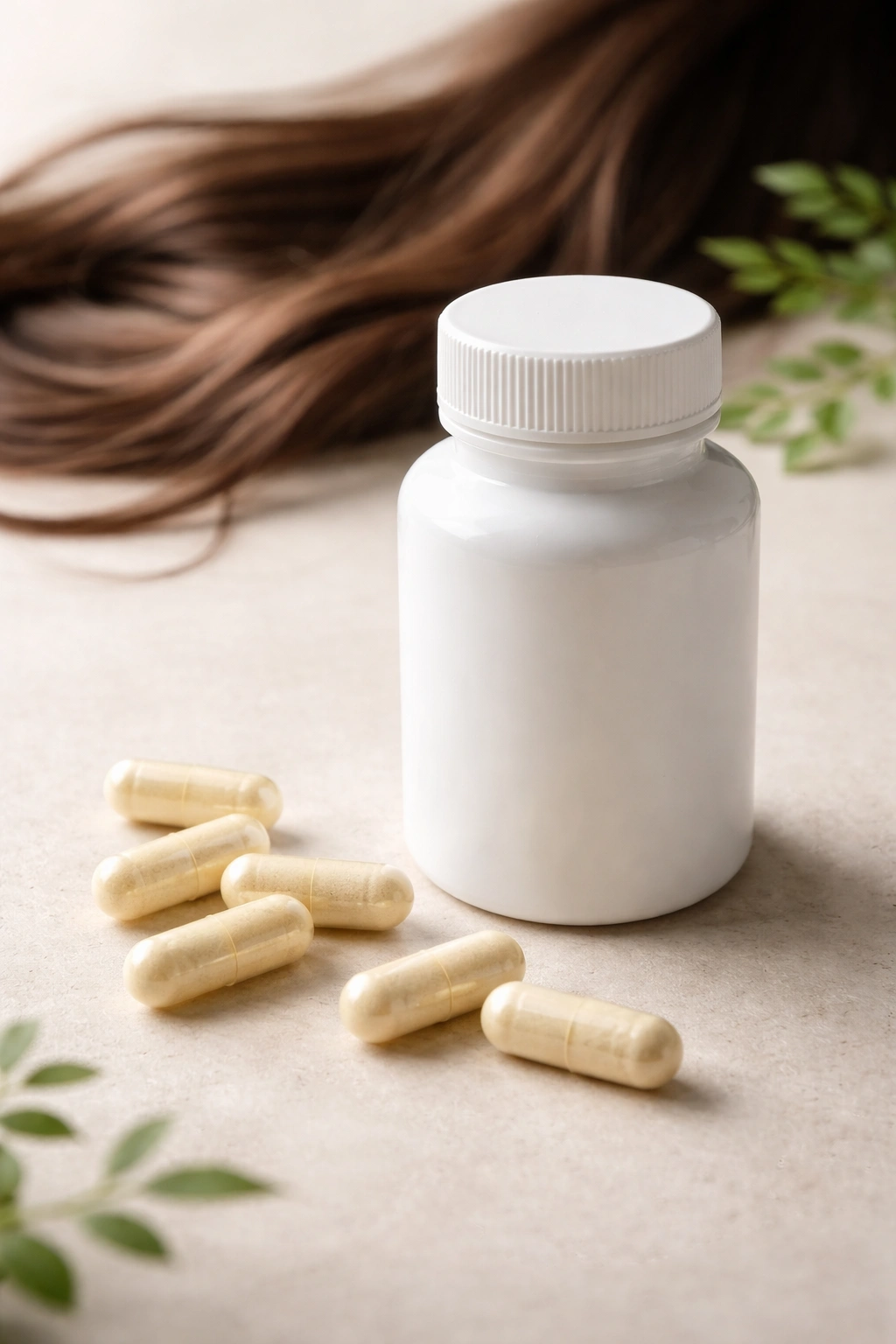 Pill capsules and unlabeled bottle representing folic acid supplements