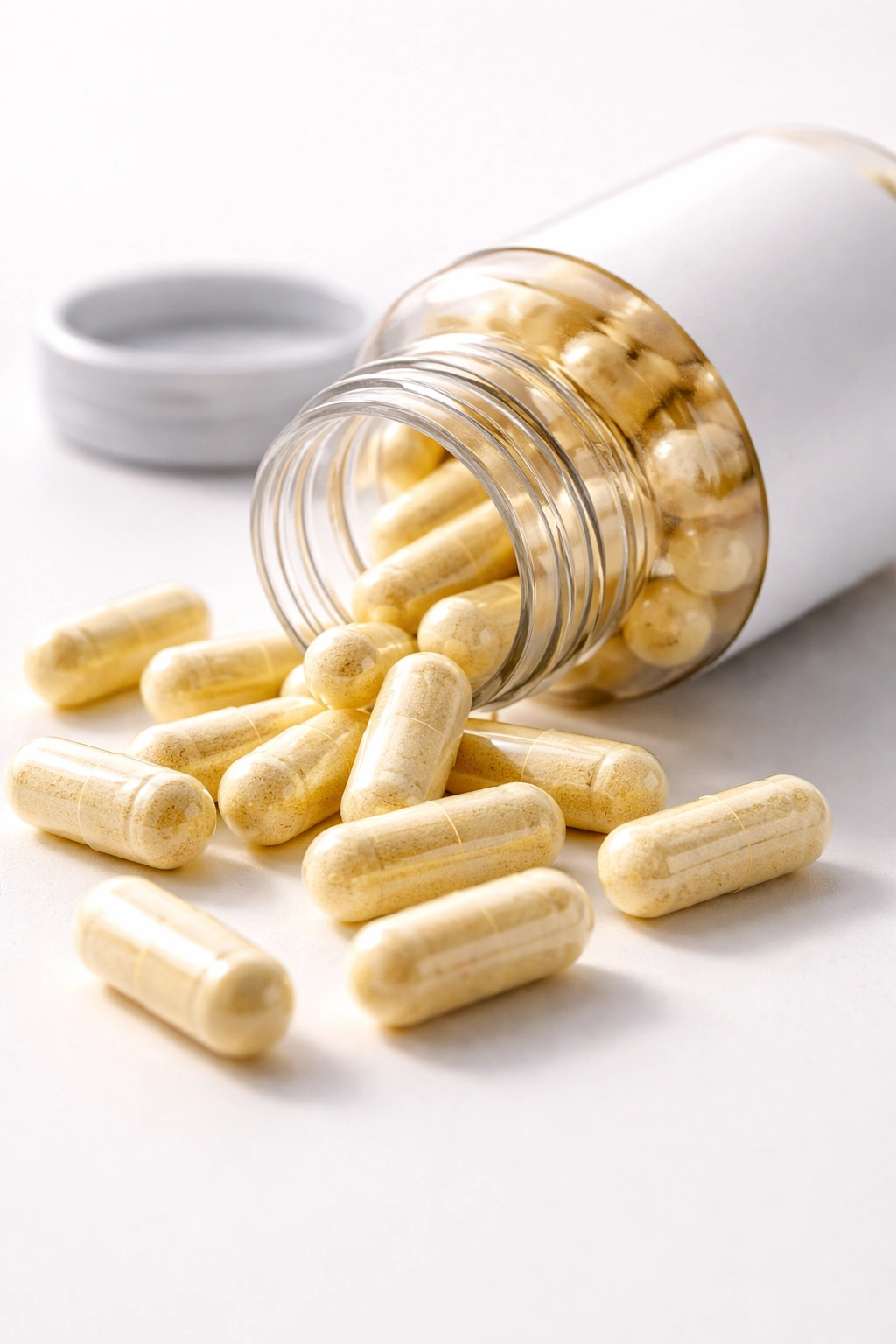 Close-up of a pill bottle with blank label and loose capsules on a white surface
