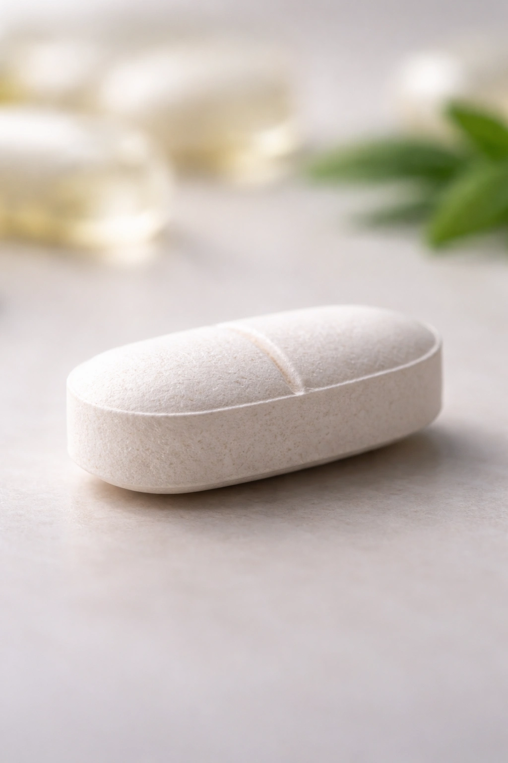 Close-up of a single white folic acid tablet on a neutral surface