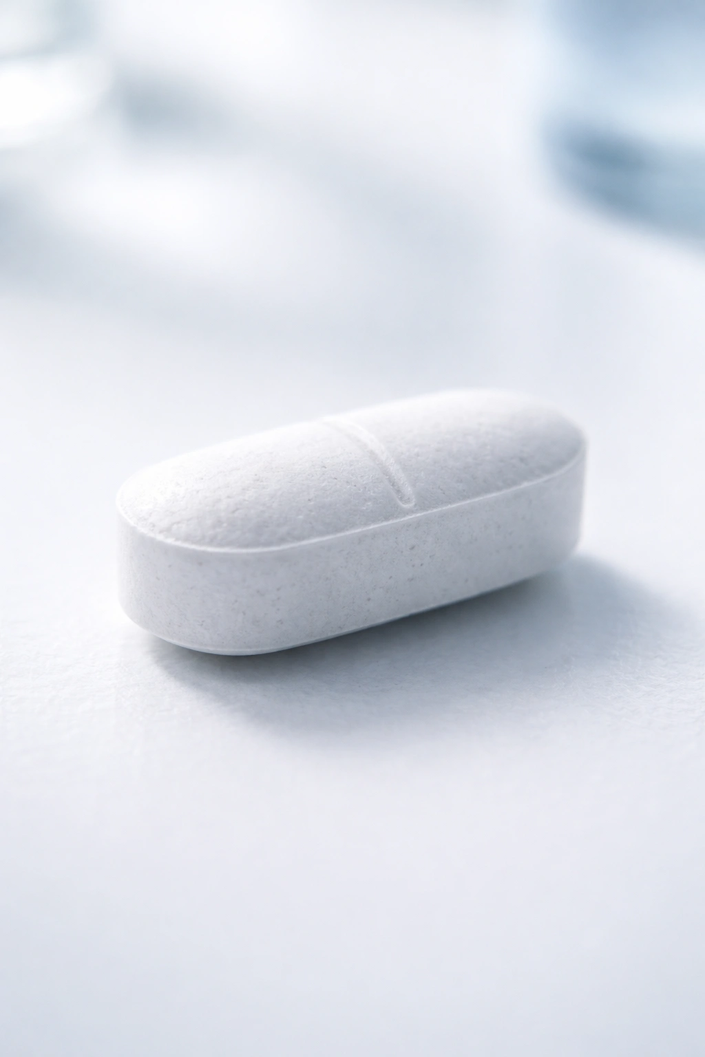 Close-up of a folic acid tablet on a white surface