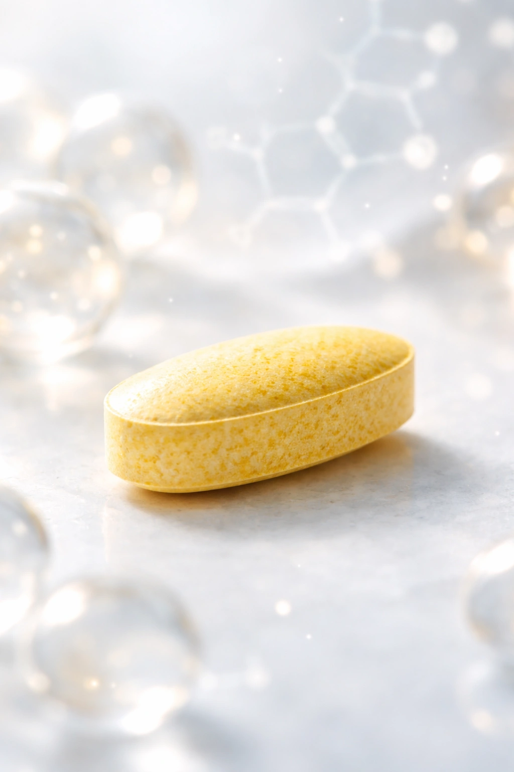 Folic acid tablet on light background with molecular backdrop