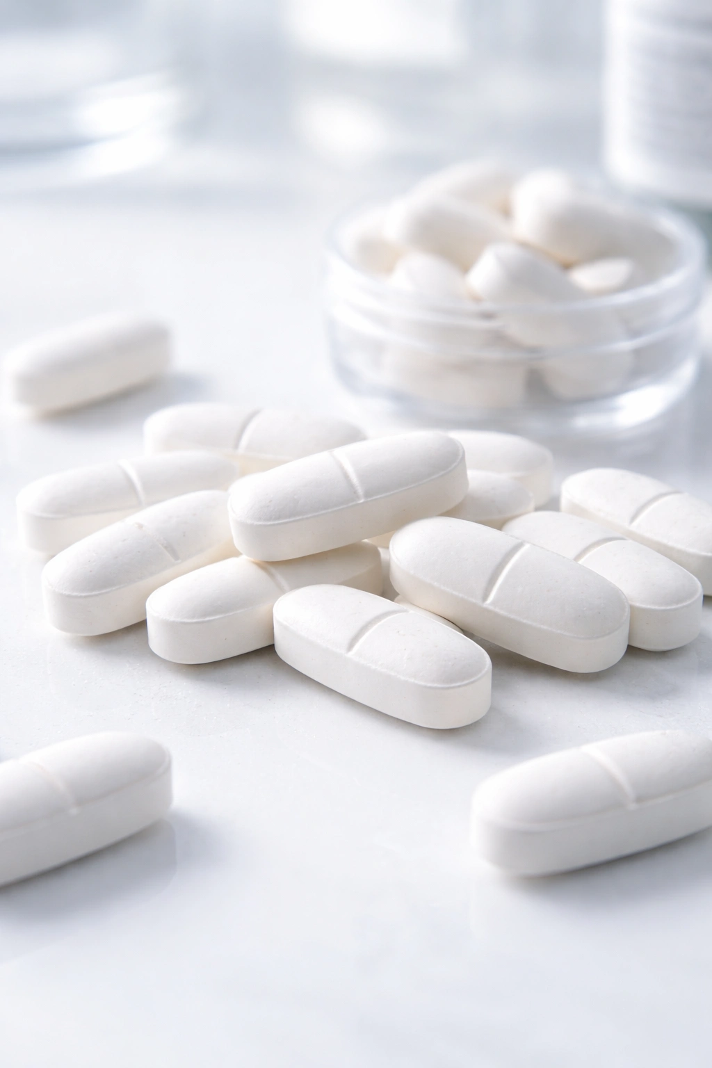 Close-up of folic acid tablets on a white surface