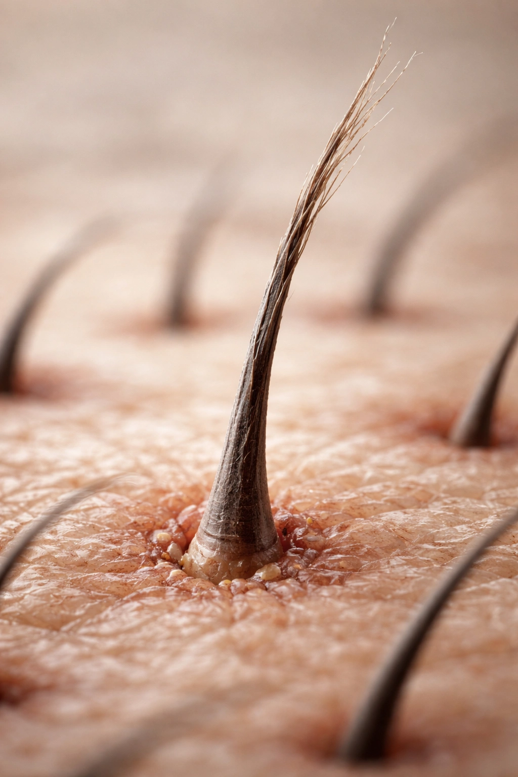 Macro close-up of a brittle hair emerging from a follicle
