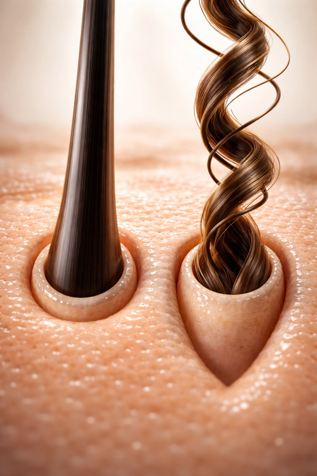 Round and oval hair follicles on skin-like background