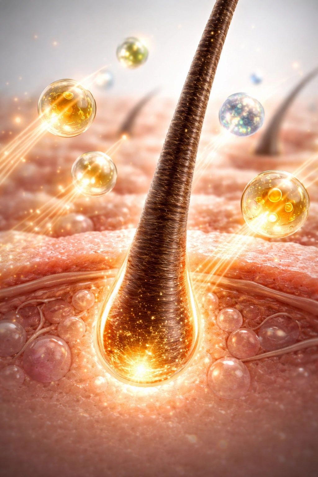 Hair follicle embedded in scalp with glowing nutrients approaching