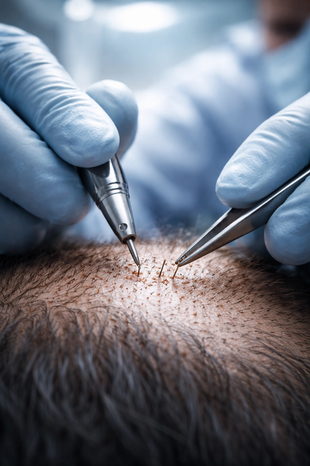 Surgeon harvesting follicular units with a micro punch in donor area during transplant
