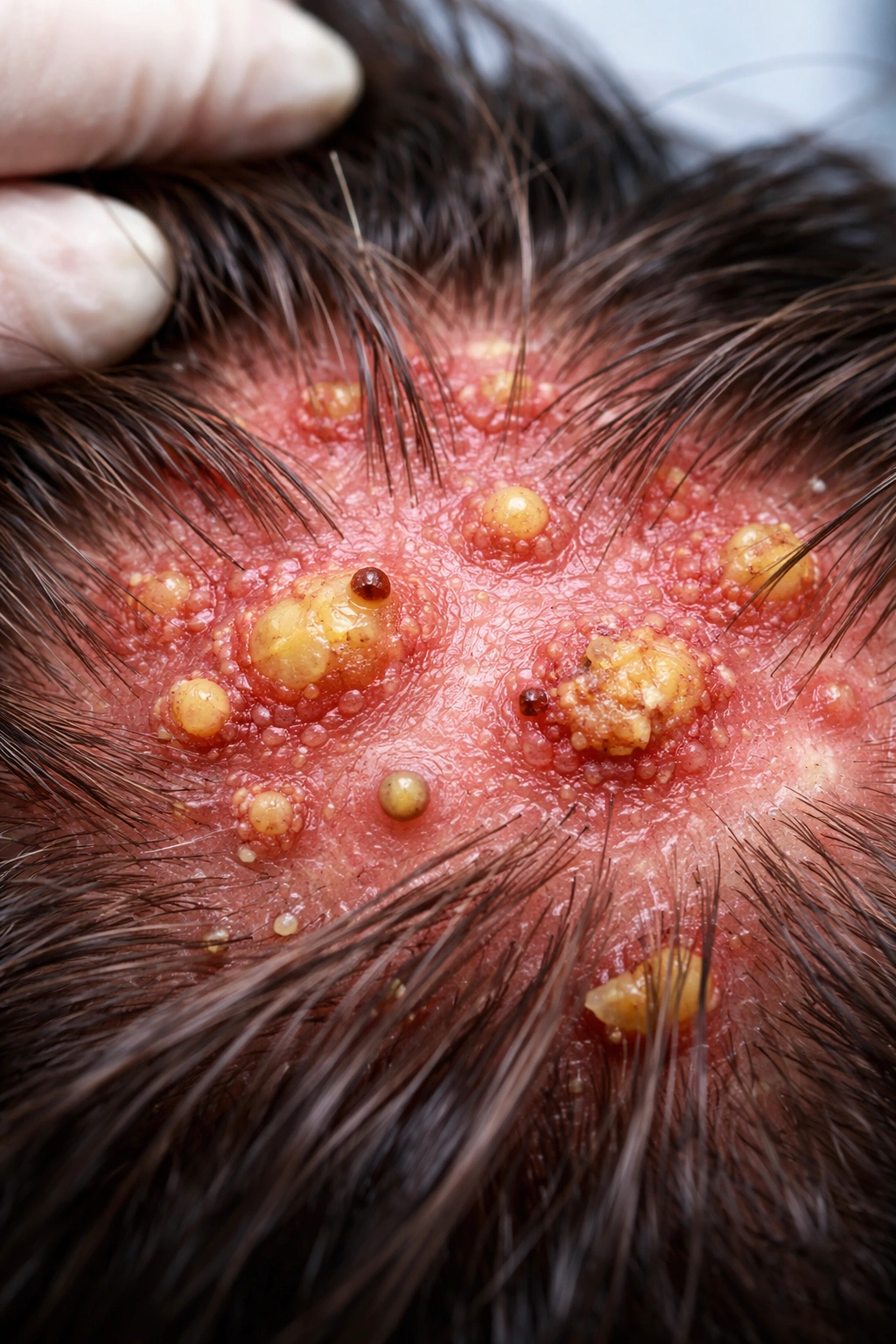 Inflamed scalp with red bumps and pustules