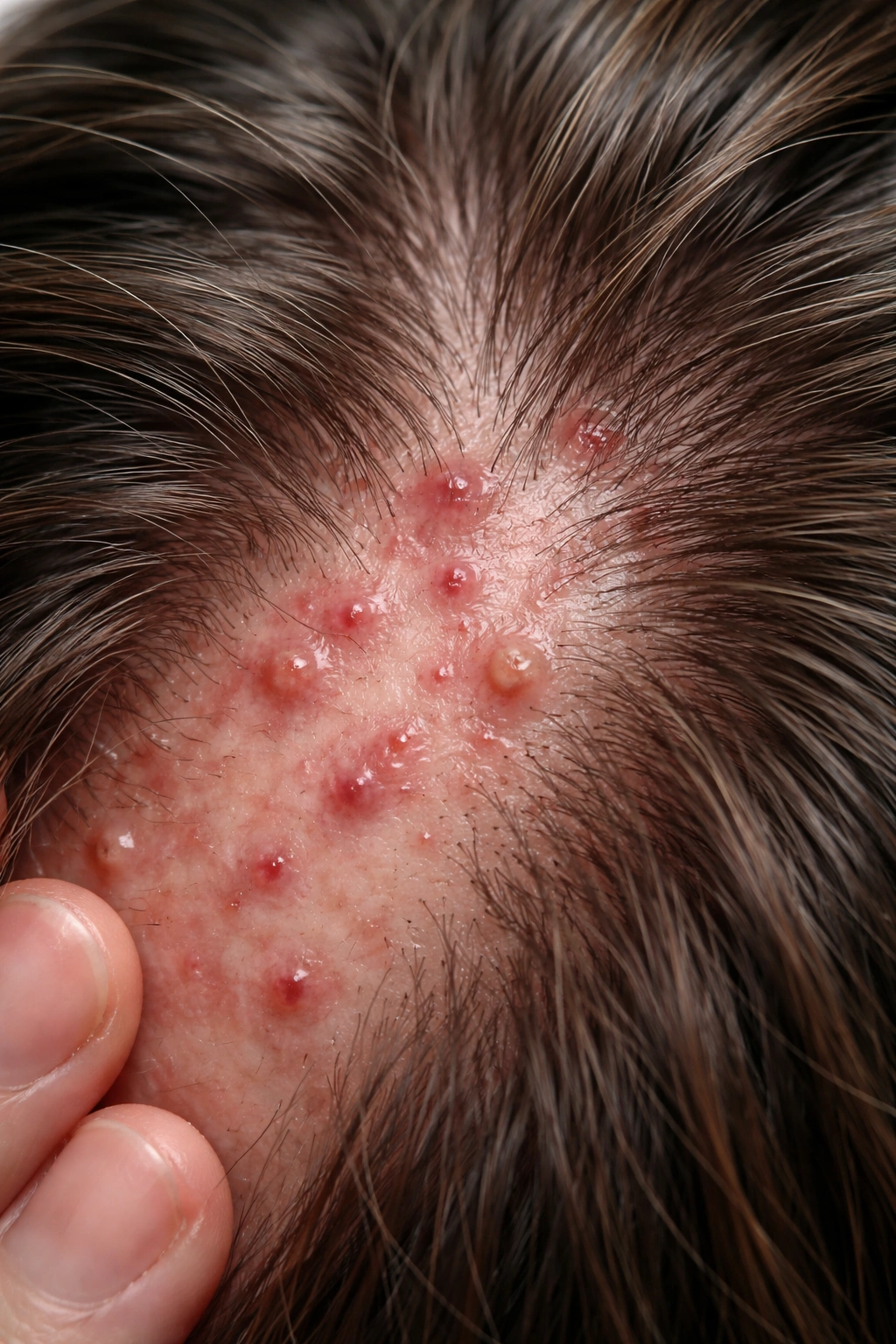 Scalp close-up showing small bumps and redness from less common causes
