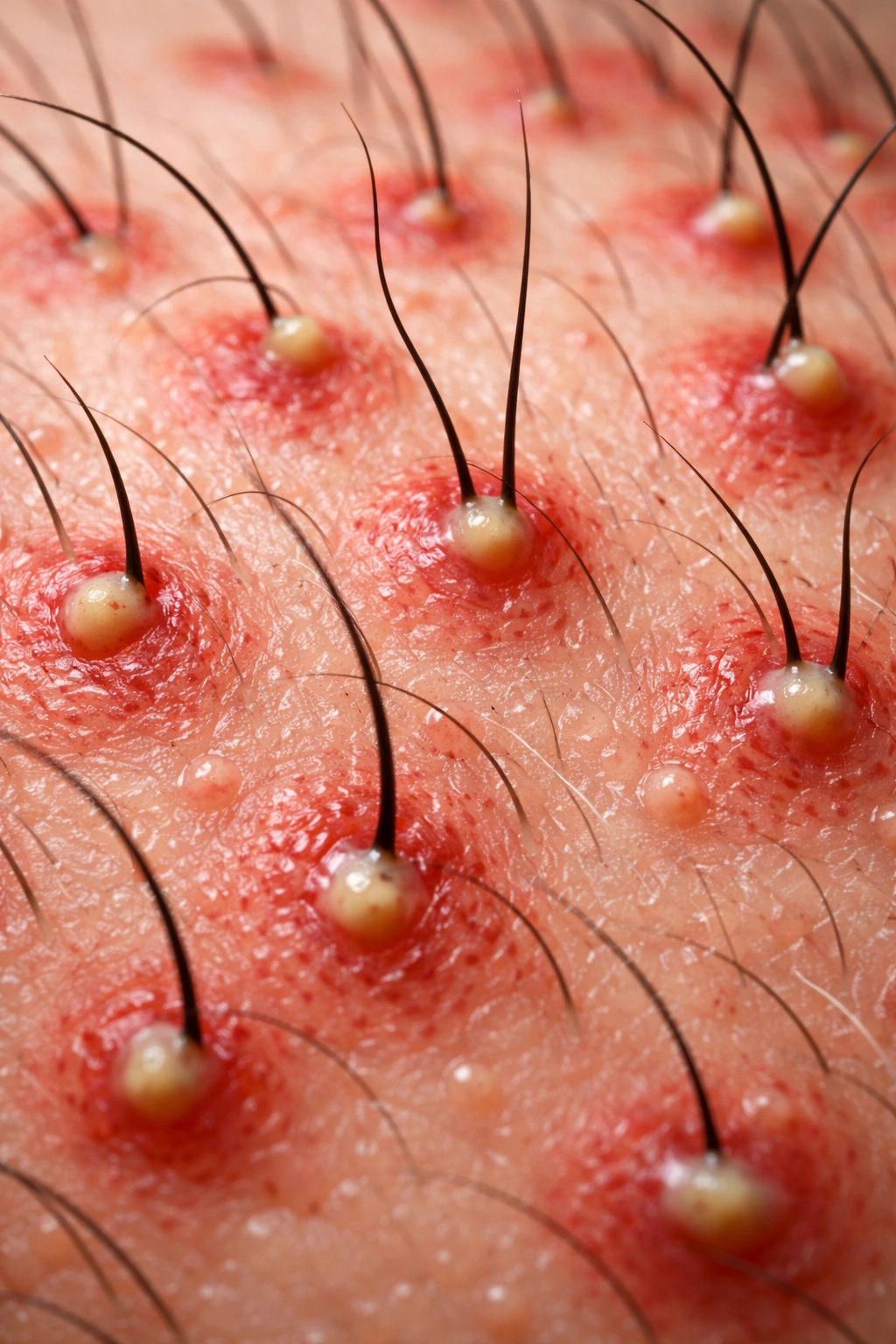 Close-up of inflamed hair follicles with red bumps on skin