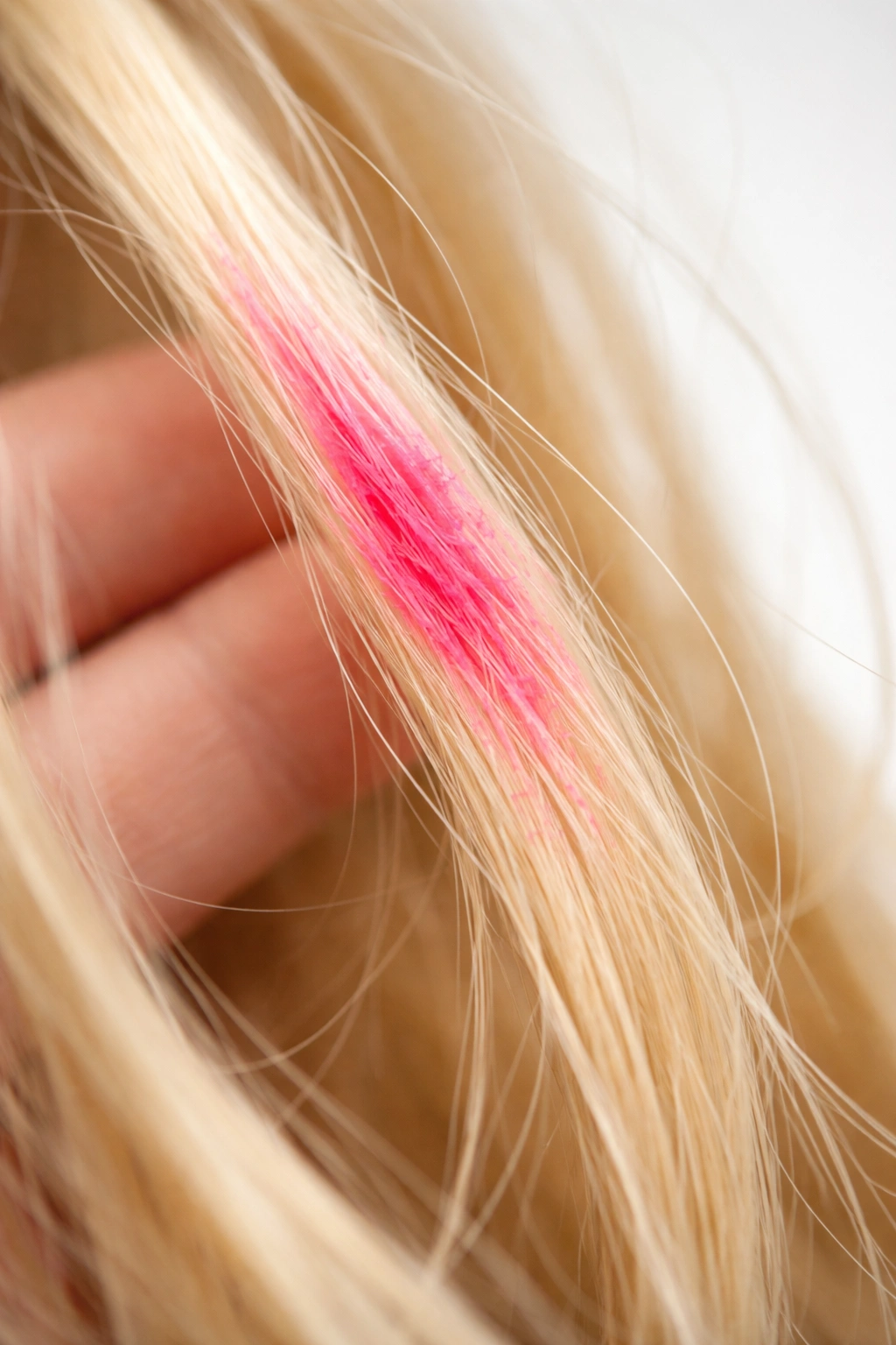 Hair strand with pink food coloring stain close-up