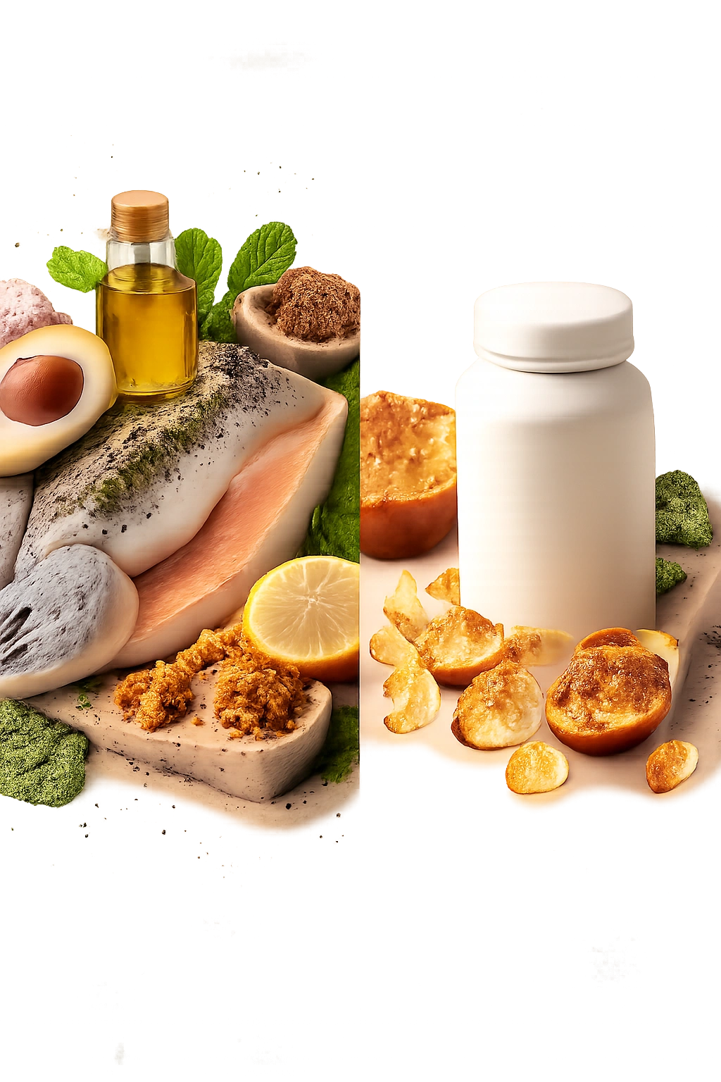 Split image showing fish source and supplement bottle as dietary options for omega-3