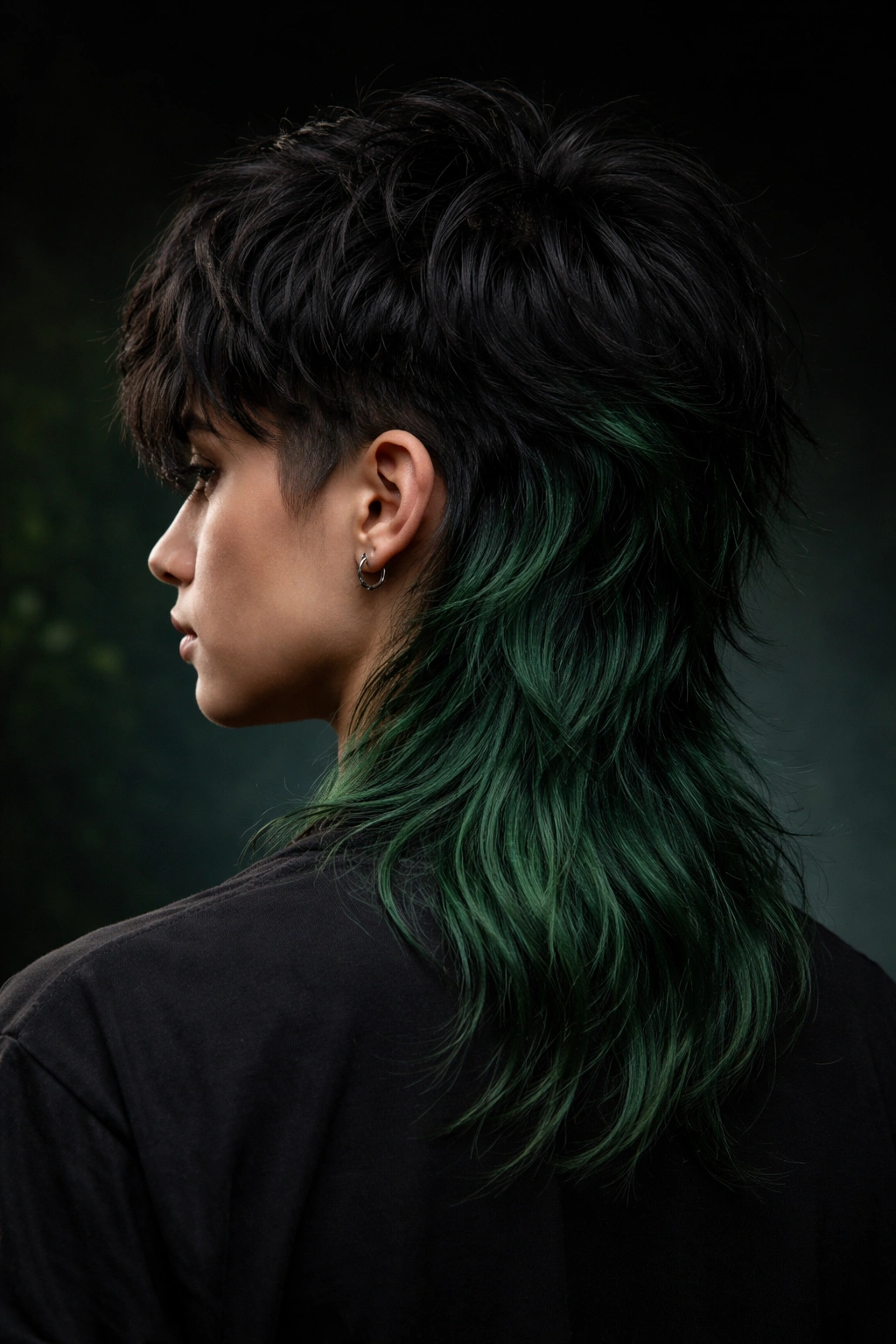 12 Dyed Mullet Haircuts Full Of Personality 4 Side profile of a mullet fading from black to forest green at the back
