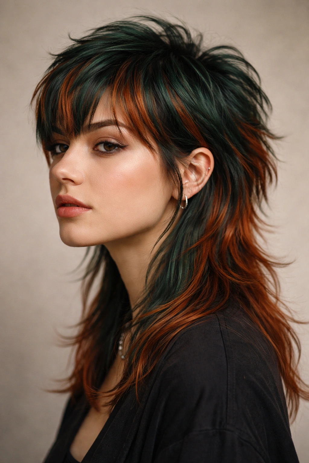 12 Colorful Mullet Haircuts To Inspire Your Next Cut 9 Close-up of forest green mullet with copper accents and depth