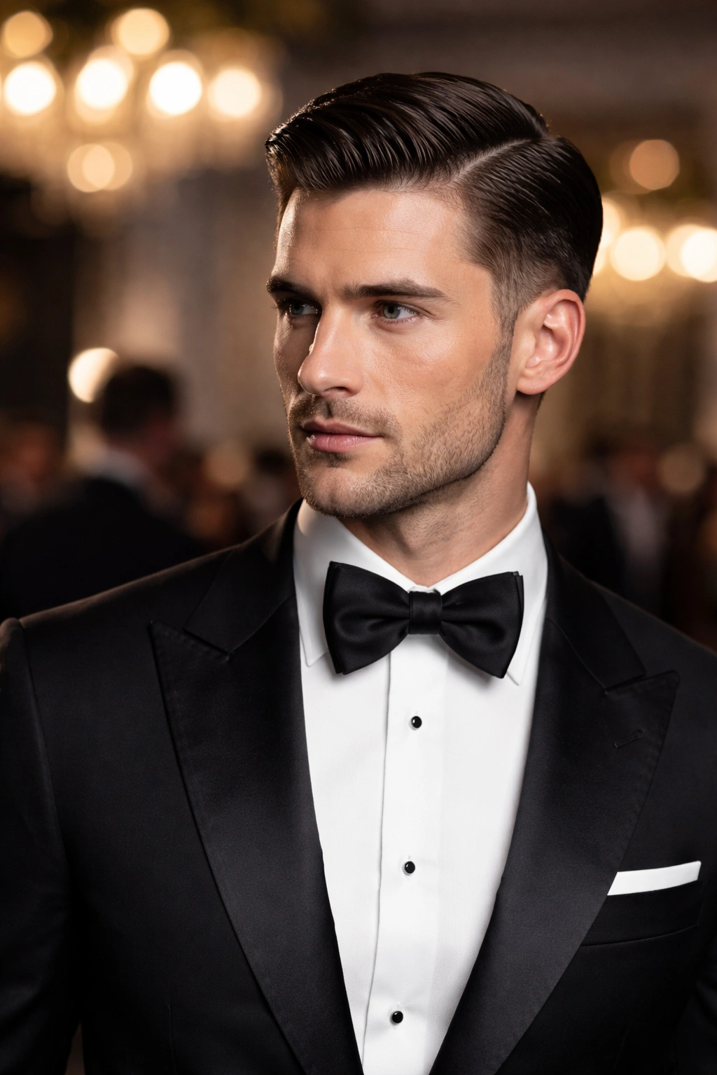 Man with a sharp formal hairstyle in a tuxedo at a black-tie event
