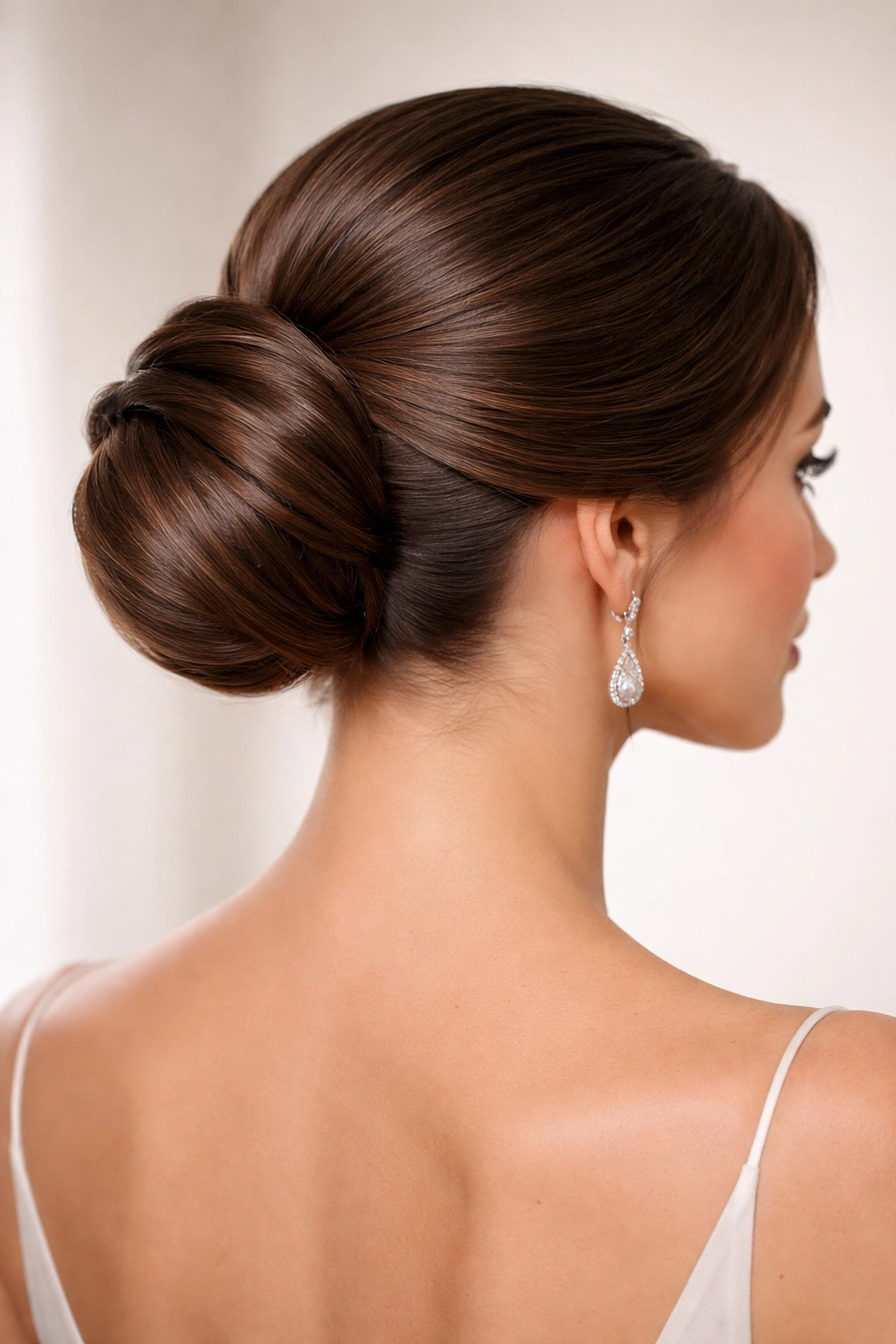 Close-up of a polished formal updo with symmetrical structure and no flyaways