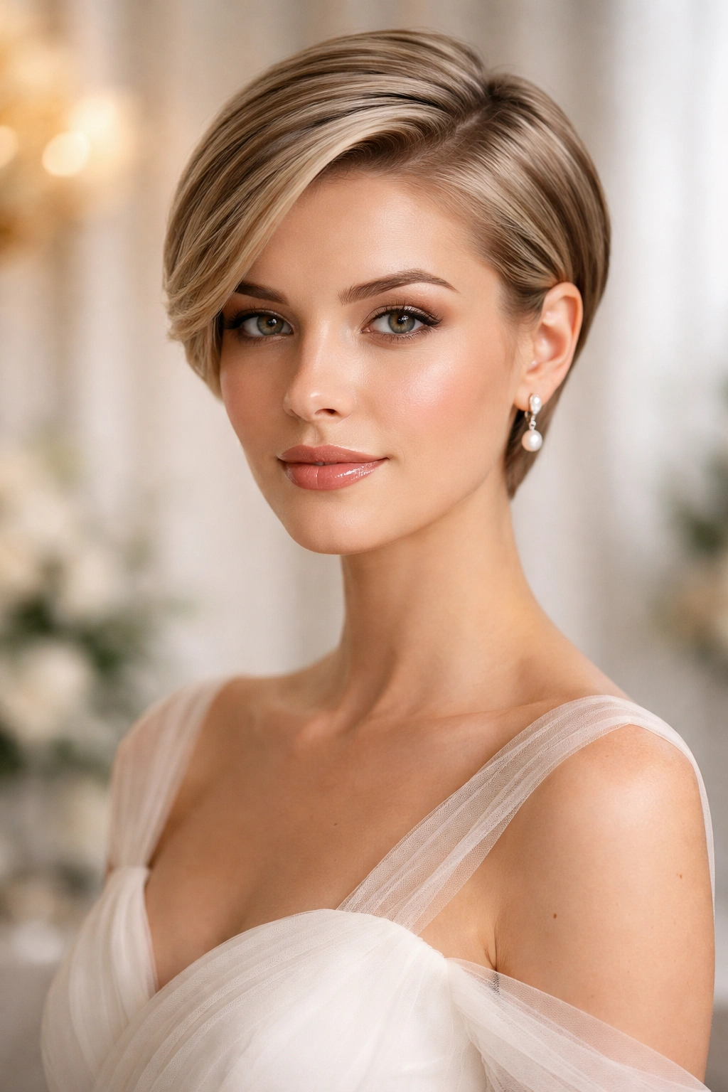 Polished short hairstyle with sleek texture appropriate for a formal wedding