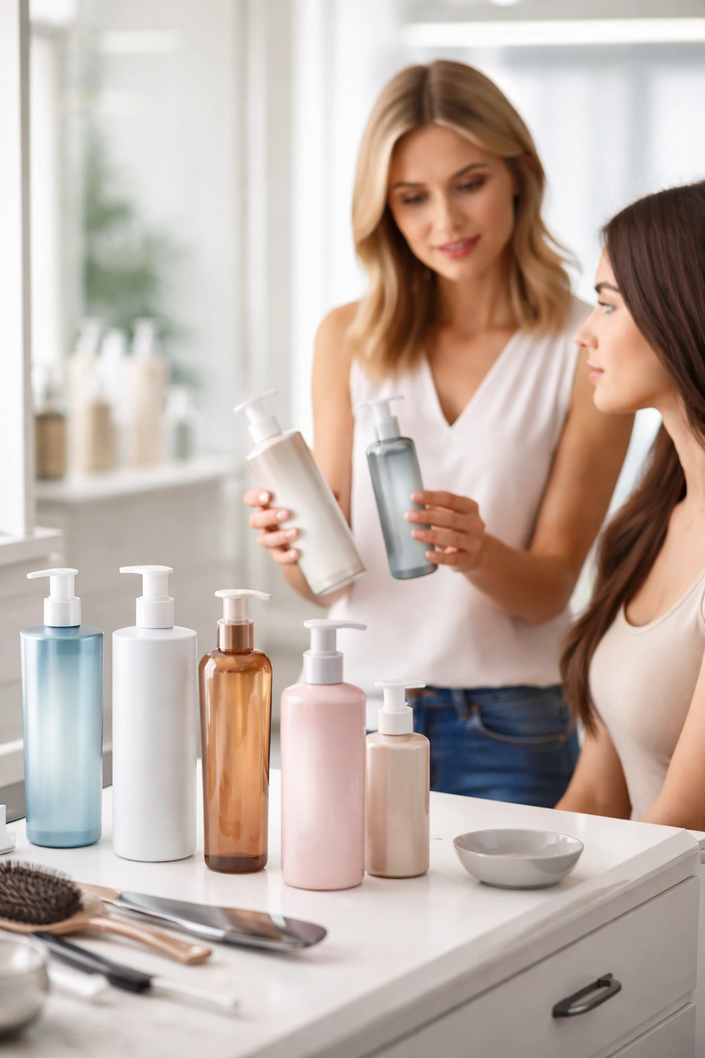 Salon workstation comparing formaldehyde-free alternatives with different bottle shapes, no visible labels