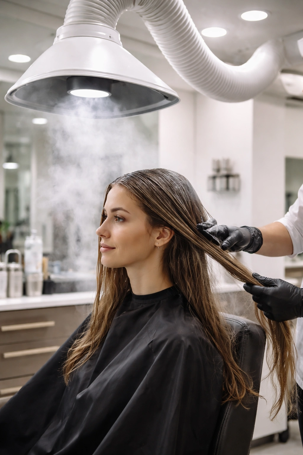 Salon environment showing air quality concerns with subtle fumes near a treatment station