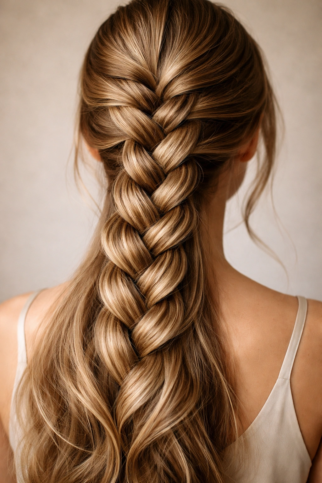 Close-up of a thick four-strand braid with intricate interweaving and depth