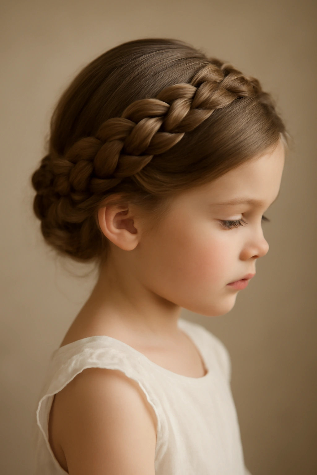 10 Braided Crown Hairstyles Every Flower Girl Needs 8 Profile view of a flower girl with a thick four-strand braided crown around the head