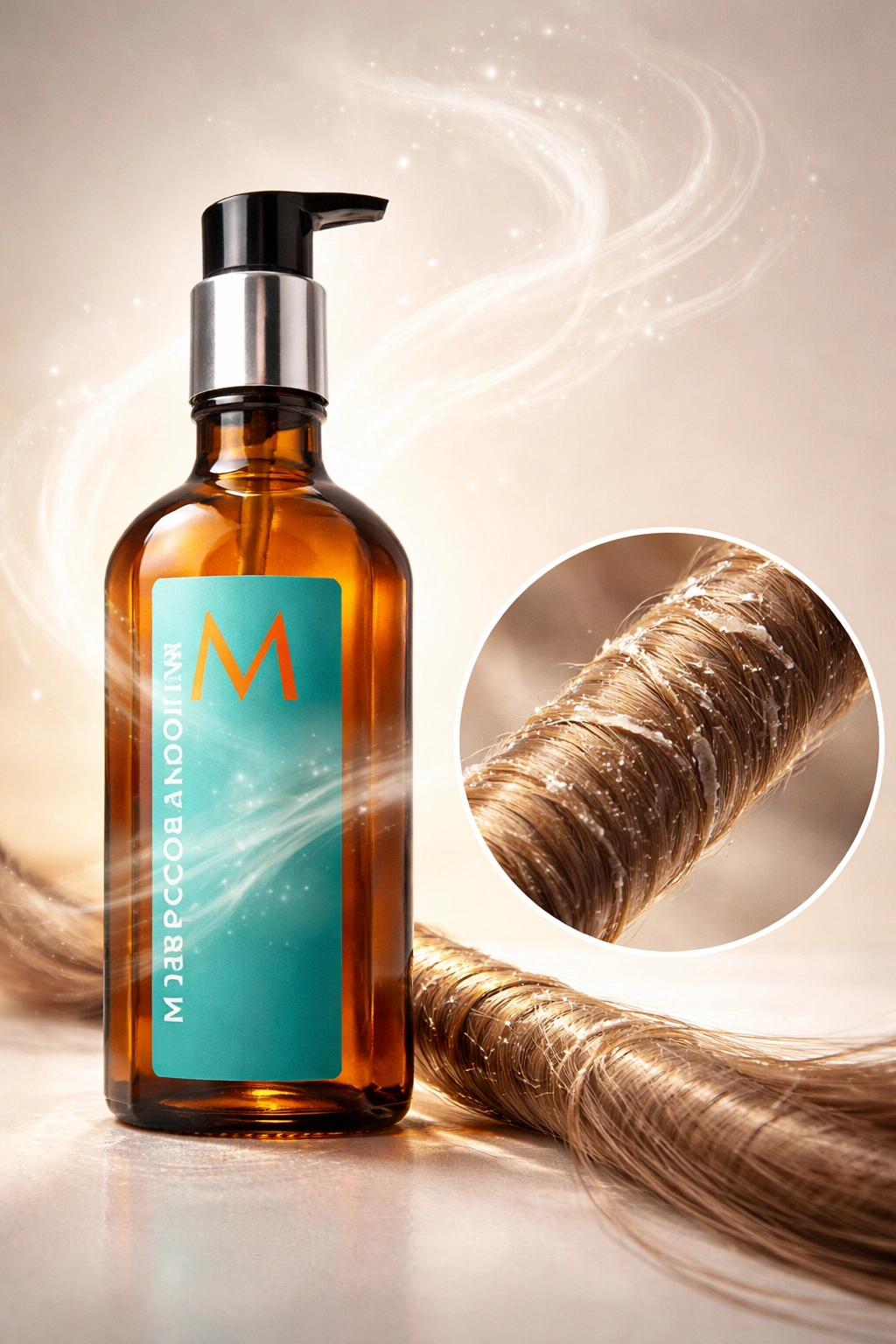 Moroccanoil bottle with fragrance aura and hair buildup close-up