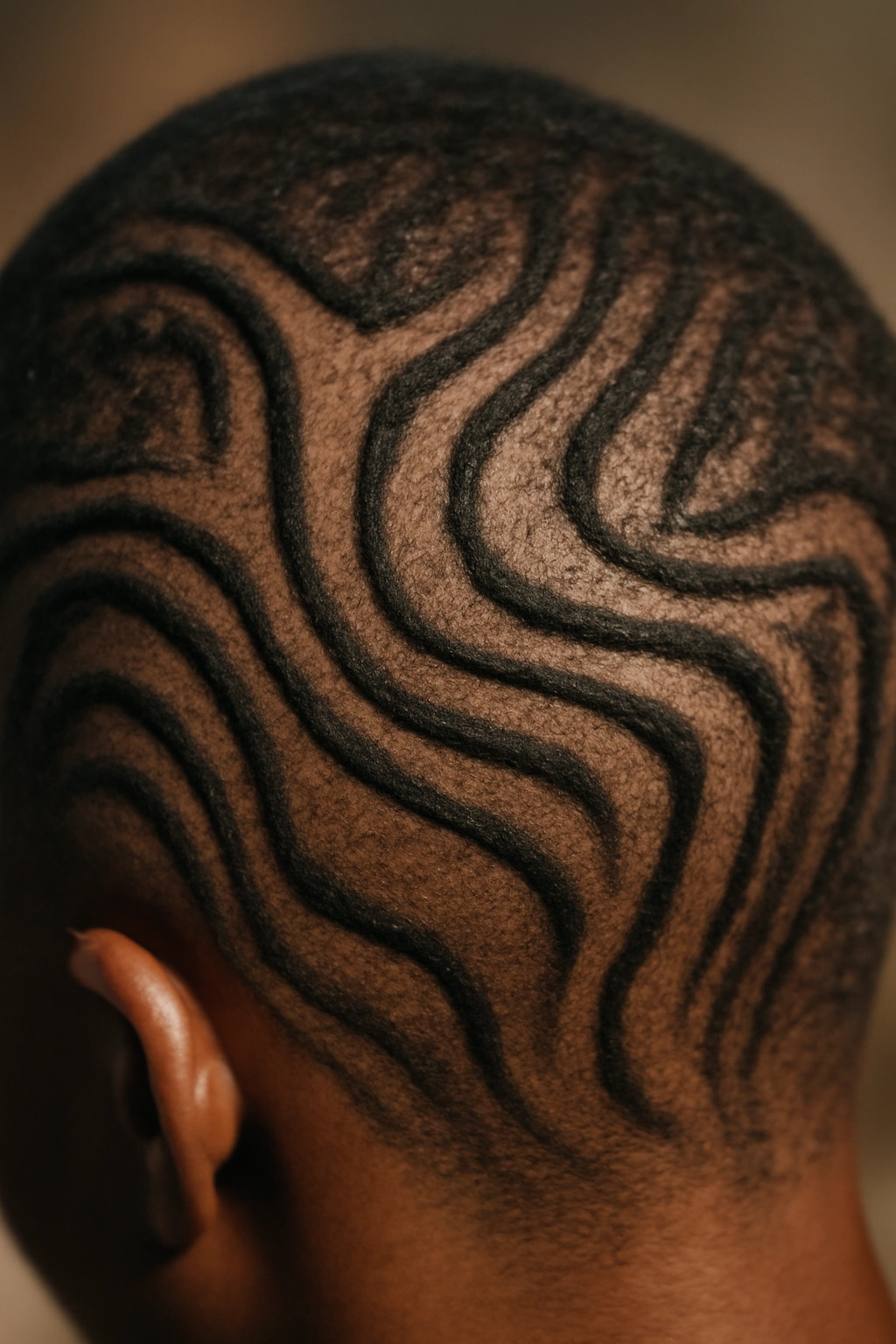 10 Line Design Hairstyles Black Women Are Wearing 11 Close-up of freeform abstract line designs on the scalp