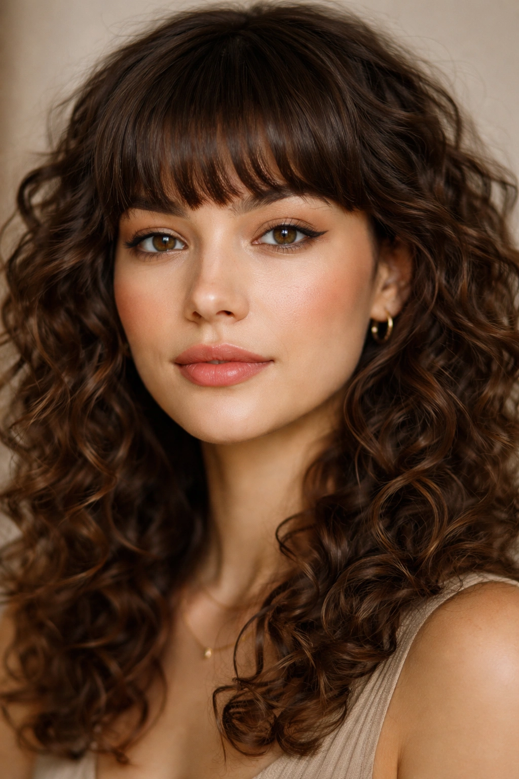 18 Gorgeous Ways To Wear Bangs With Curly Hair 8 Close-up of blunt, French bangs above the eyebrows on curly hair.
