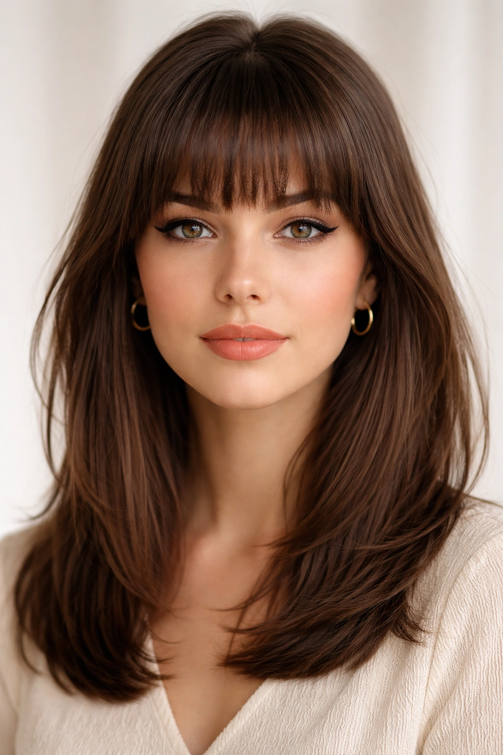 Close-up of short fluffy bangs above the eyebrows on straight hair, studio lighting