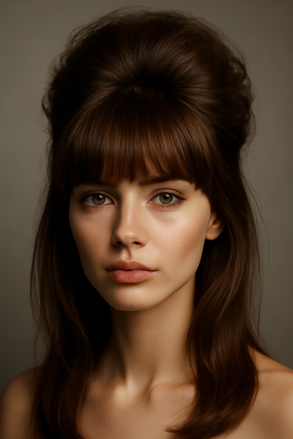 French bangs with high volume on top hairstyle on a model.