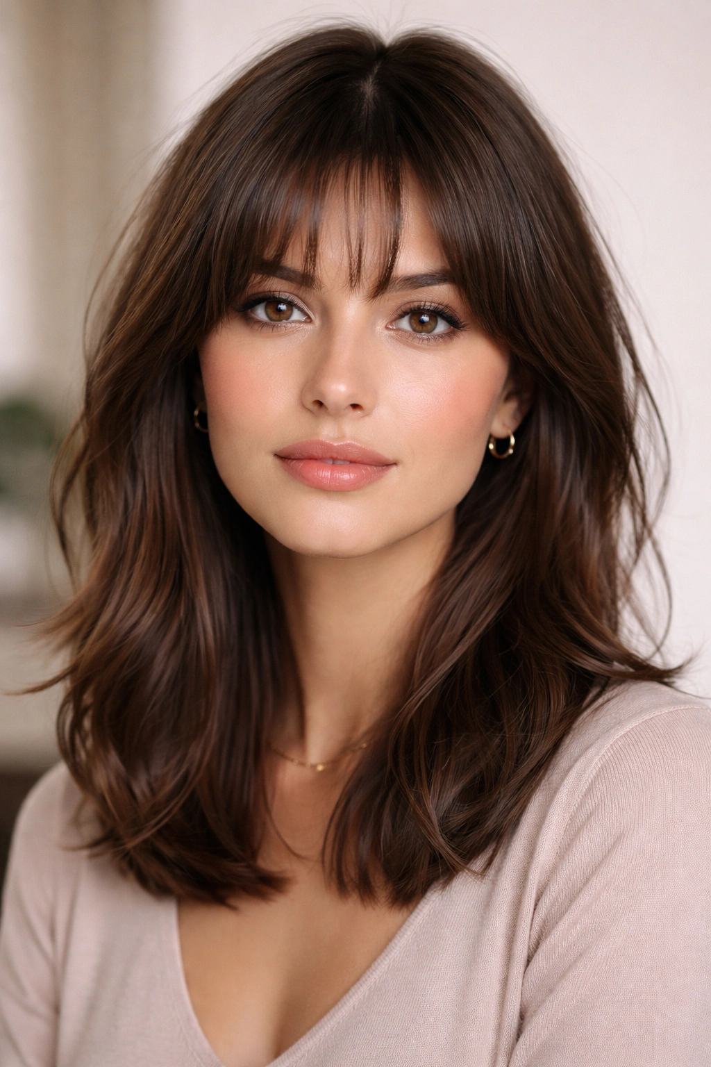 15 Bang Styles That Pair Well With Medium Hair 8 Close-up of eyebrow-length French bangs on medium-length hair