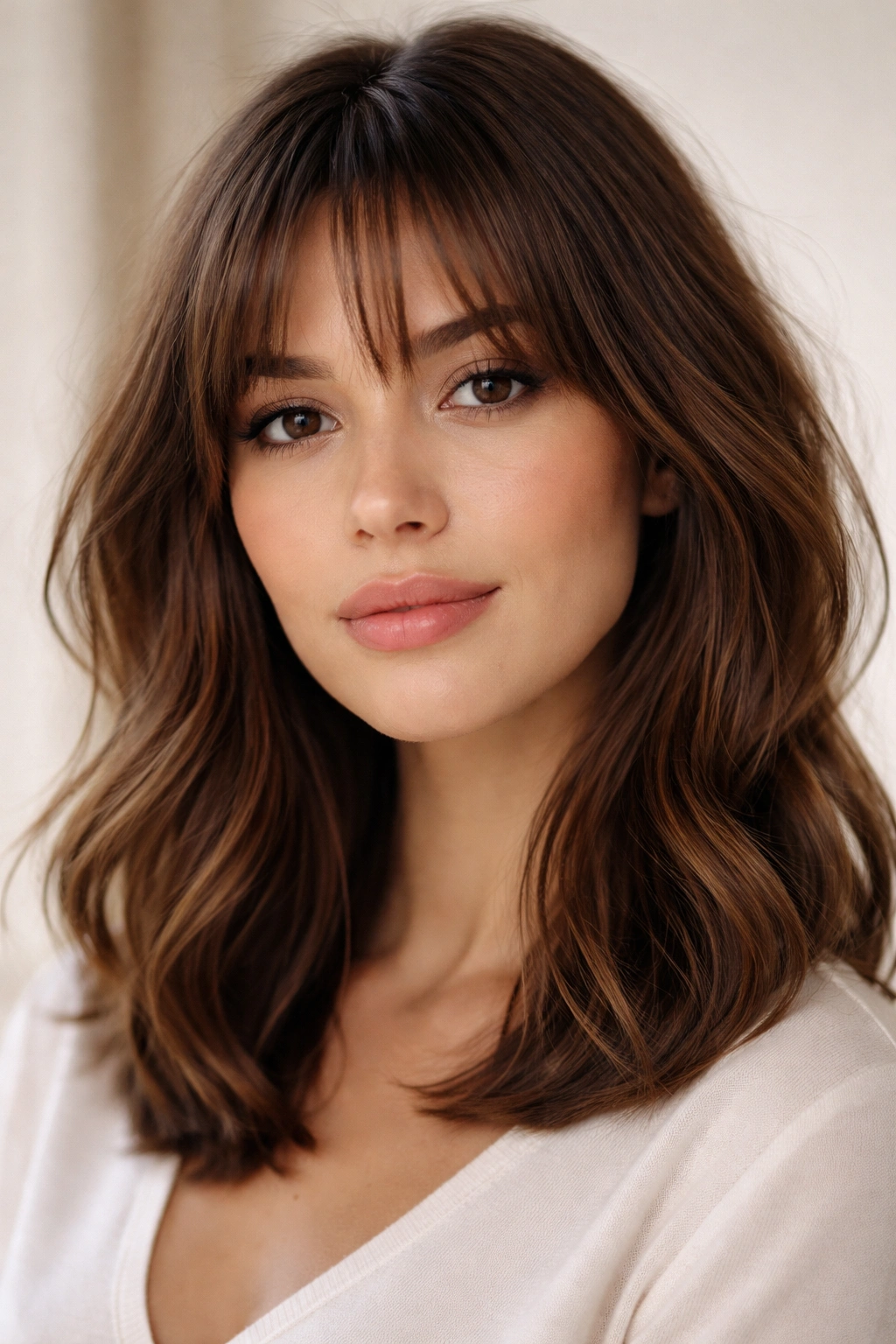 12 Bang Styles For Medium Hair To Try Next 7 Close-up portrait of a person with wispy, high French bangs on medium-length hair