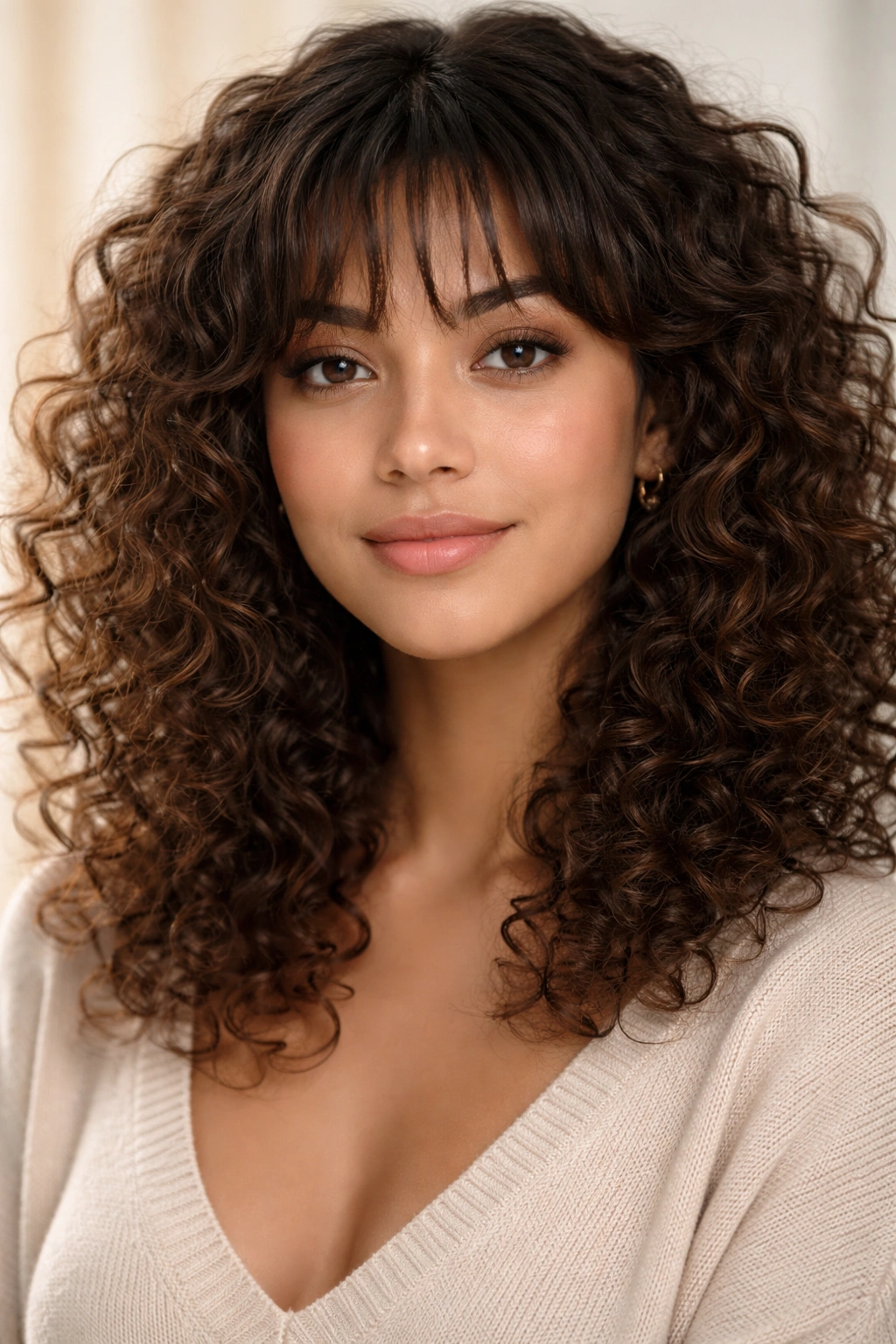 Close-up of delicate wispy French bangs on curly hair framing the face