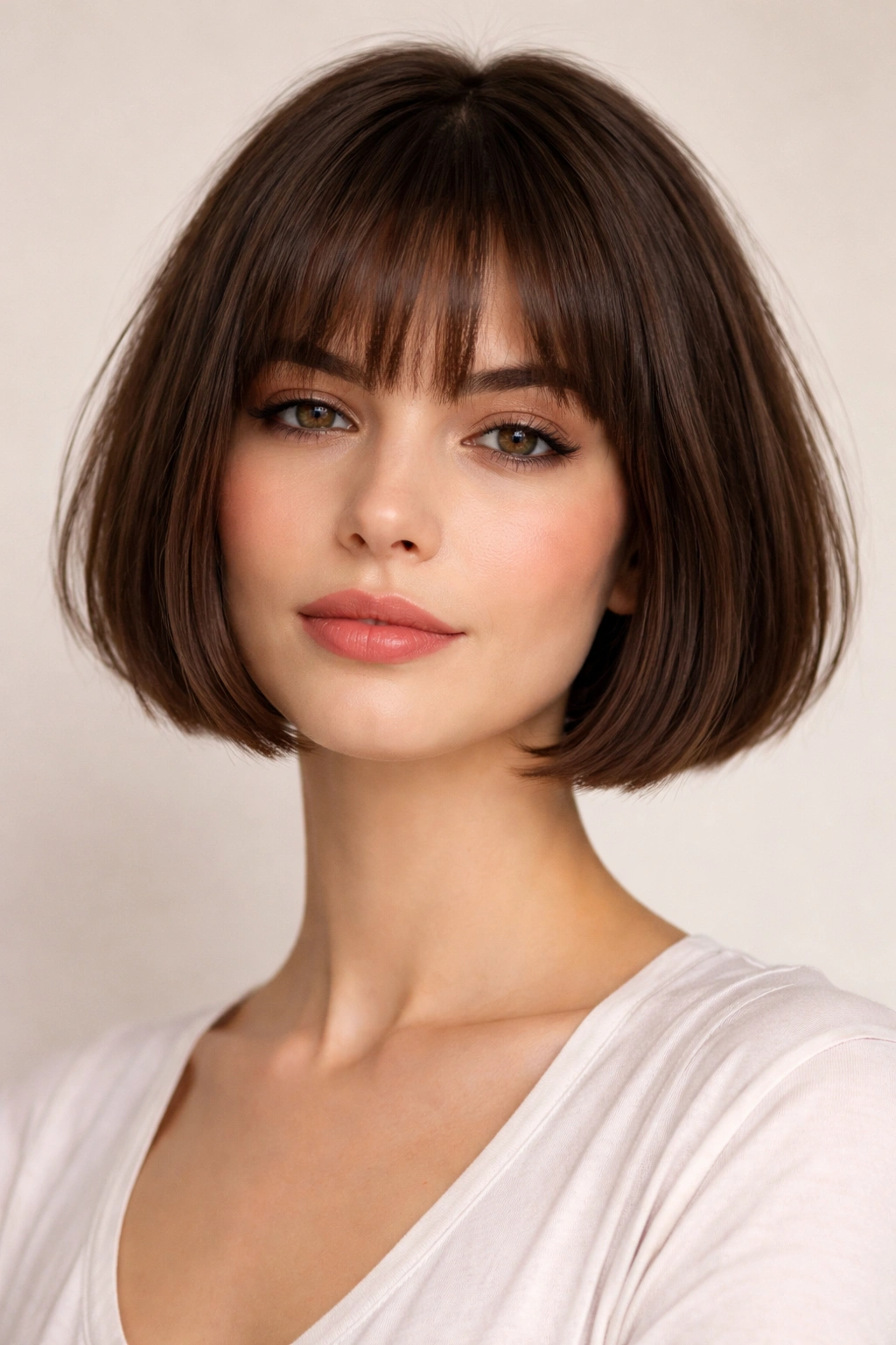 Jaw-length French bob with subtle bangs in a sleek, chic style.