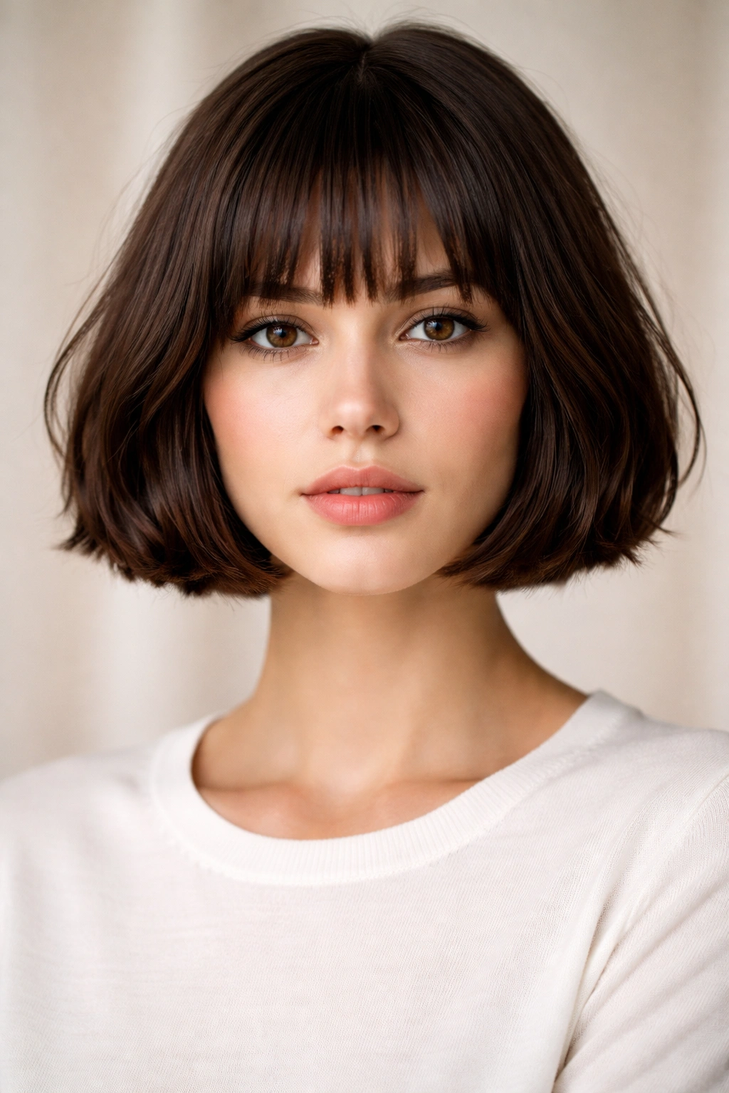Model wearing French bob with blunt bangs in a clean studio portrait