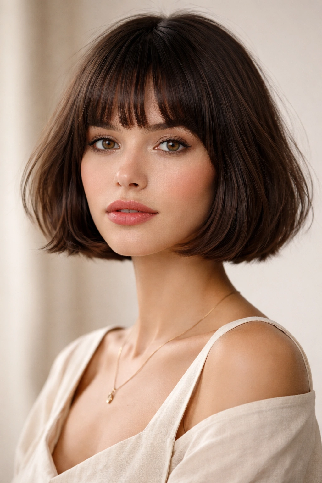 22 Bob Haircuts Flattering On Every Face Shape 20 Portrait of a model with a chin-length French Bob and textured bangs