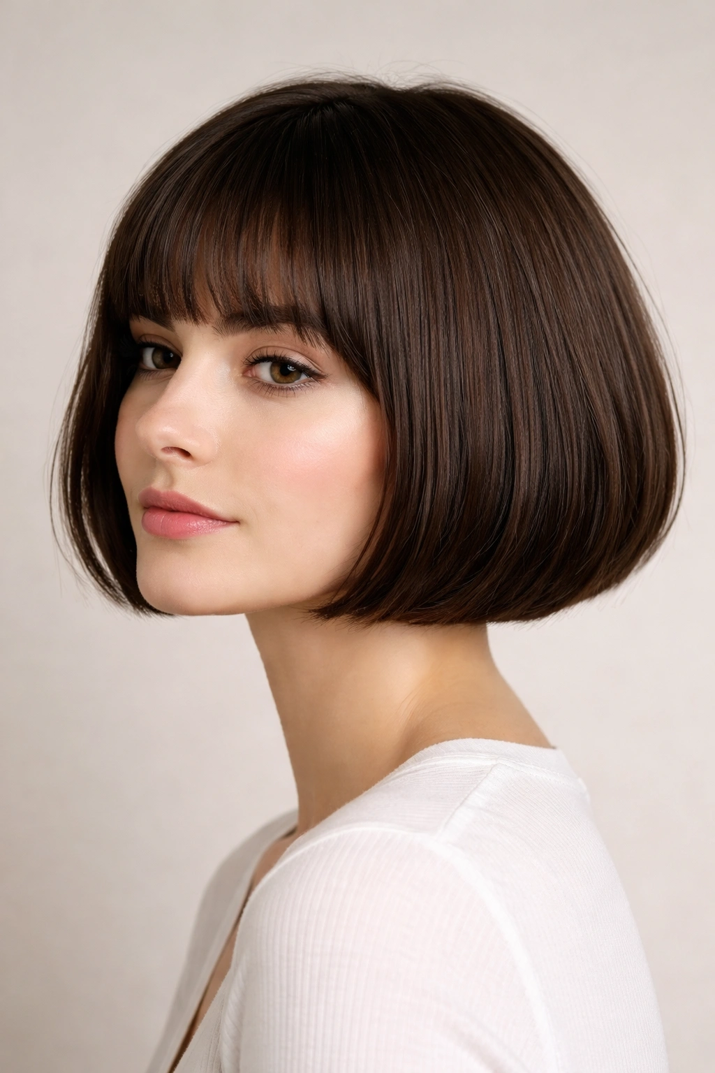 French Bob hairstyle with jaw-length blunt cut and curved fringe on straight hair.